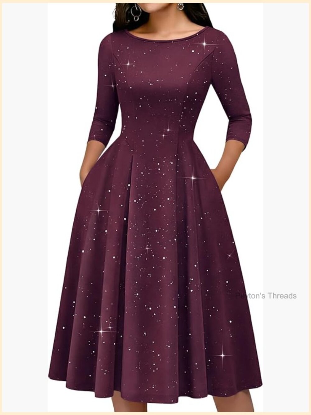 Sequin 3/4 Sleeve A-Line Formal Guest Dress with Pockets